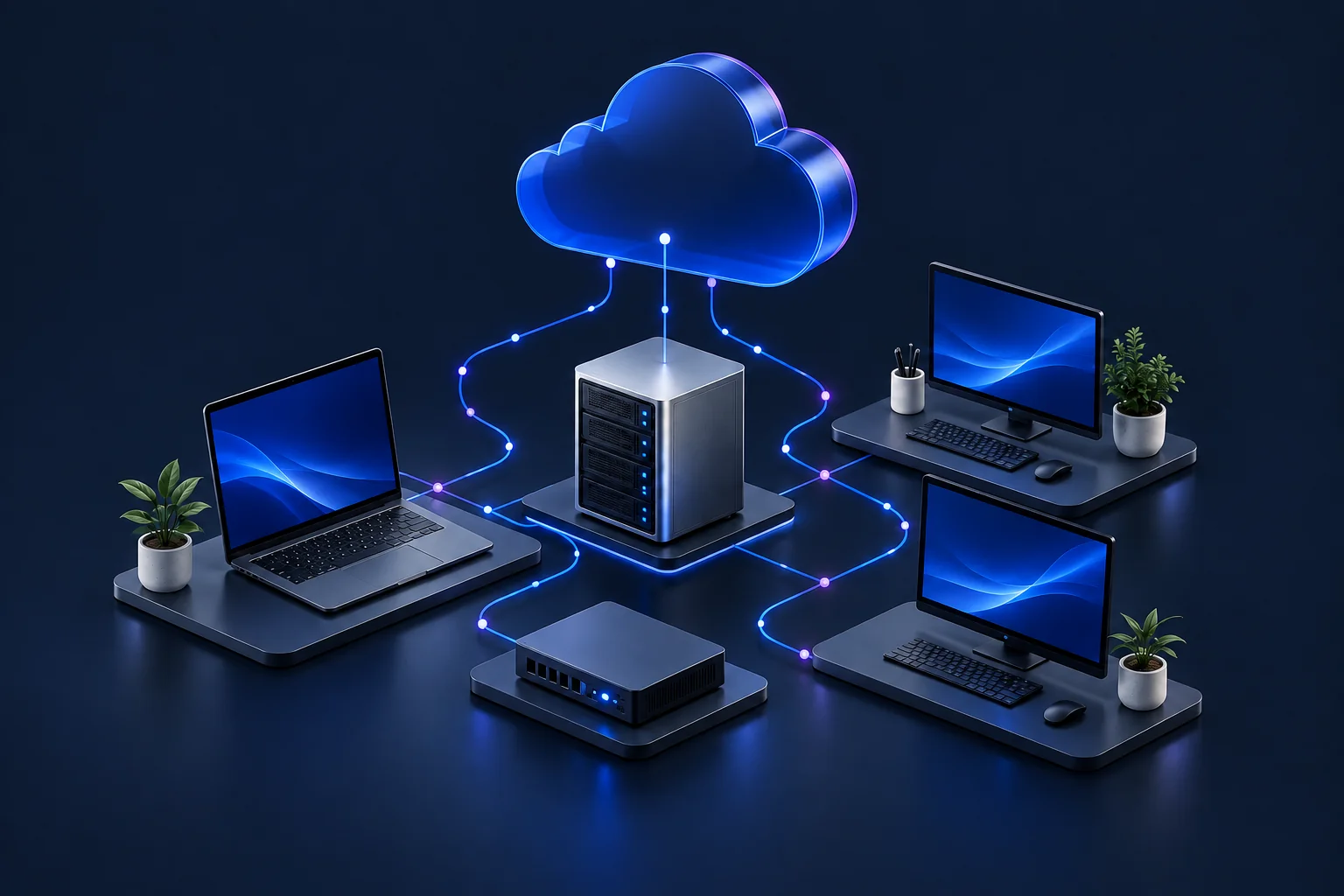 Business computers and server connected through a cloud network
