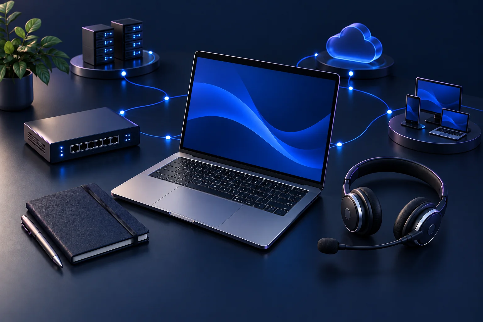 Laptop and support headset with connected network equipment